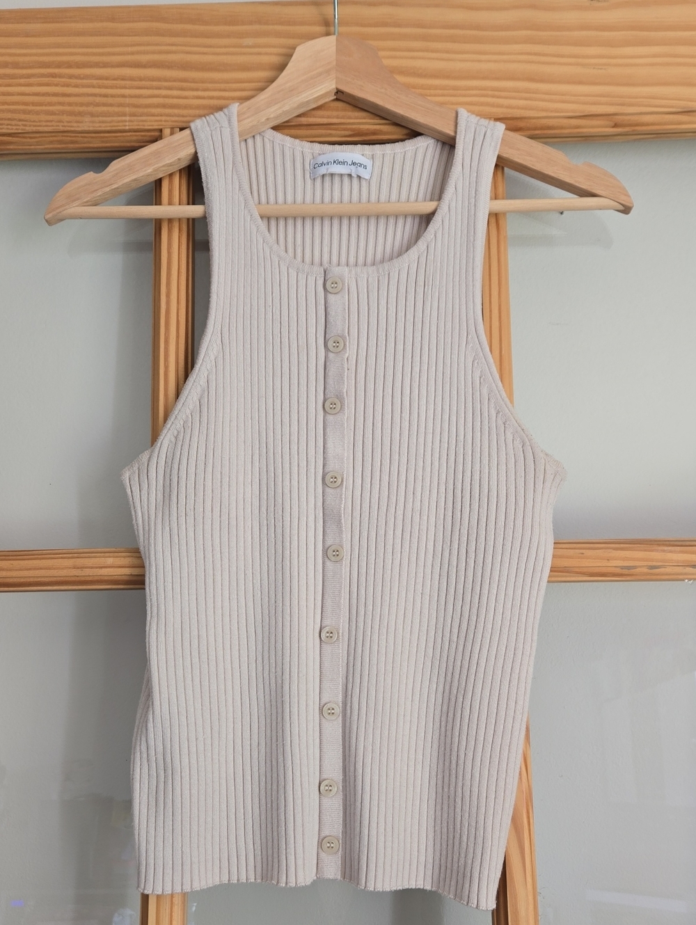 Calvin Klein Jeans Cream Ribbed Button-Front Tank Small